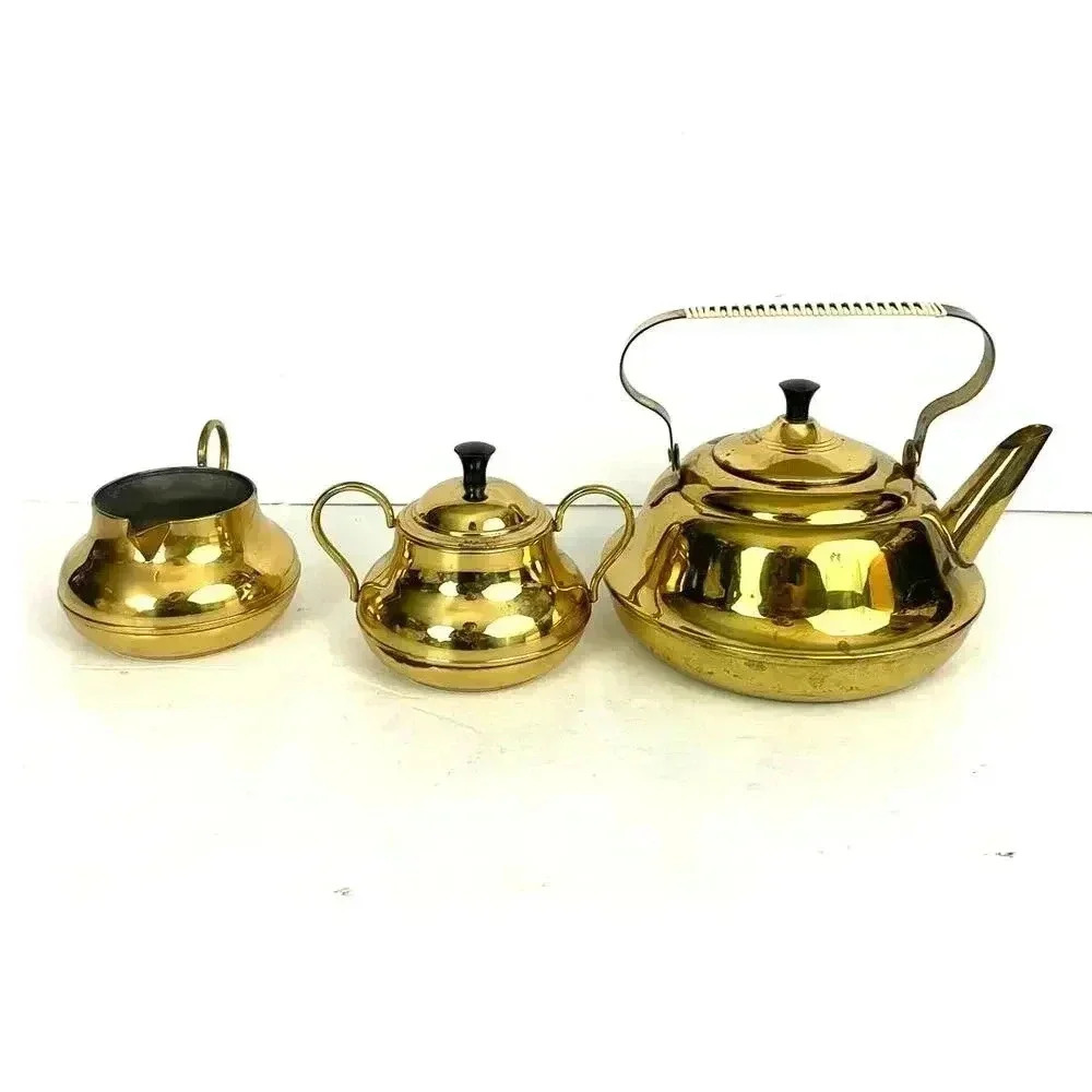 3 PC VTG Brass Pitcher Double Handles Lidded Spout Made in Holland‎ MCM